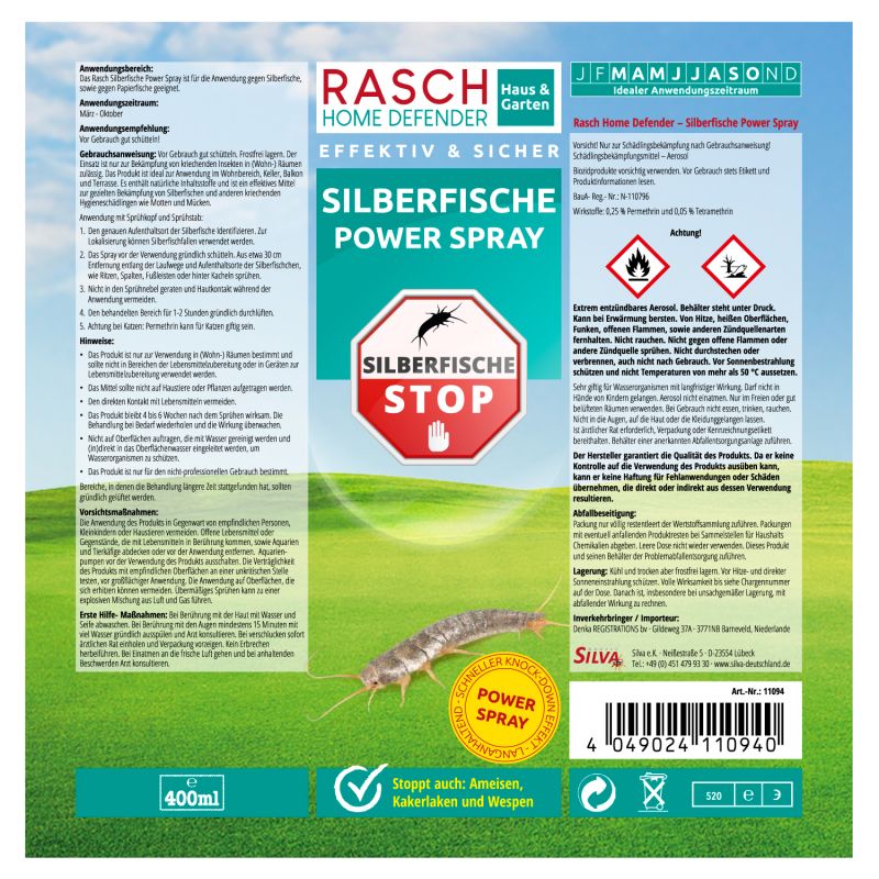 Rasch Home Defender - Silberfische Power Spray | Effektive, gezielte und sichere Bekämpfung von Silberfischchen | Silberfischspray für Wohnräume | 400 ml